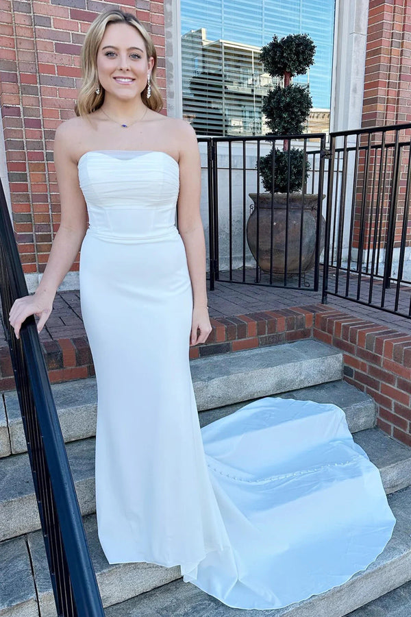 White Strapless Mermaid Long Modest Wedding Dress