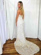 White Strapless Prom Dress With Gold Teardrop Sequins And High Slit