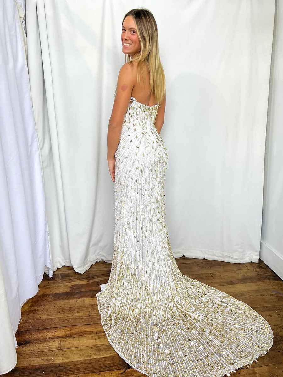 White Strapless Prom Dress With Gold Teardrop Sequins And High Slit