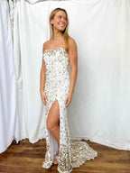 White Strapless Prom Dress With Gold Teardrop Sequins And High Slit