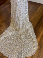 White Strapless Prom Dress With Gold Teardrop Sequins And High Slit