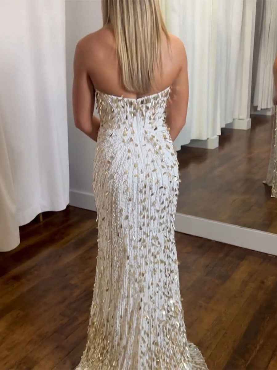 White Strapless Prom Dress With Gold Teardrop Sequins And High Slit