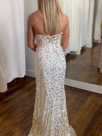 White Strapless Prom Dress With Gold Teardrop Sequins And High Slit