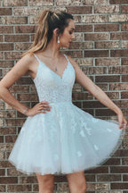 White Tulle A-line V-neck Lace Homecoming Dresses, School Event Dresses