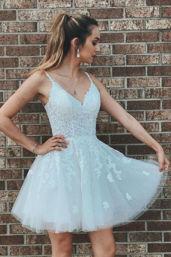 White Tulle A-line V-neck Lace Homecoming Dresses, School Event Dresses