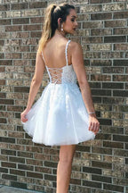 White Tulle A-line V-neck Lace Homecoming Dresses, School Event Dresses