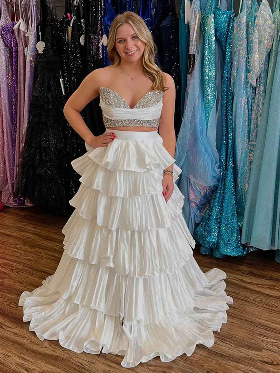 White Two Piece Prom Dress With Tiered Ruffles And Crystal Bodice