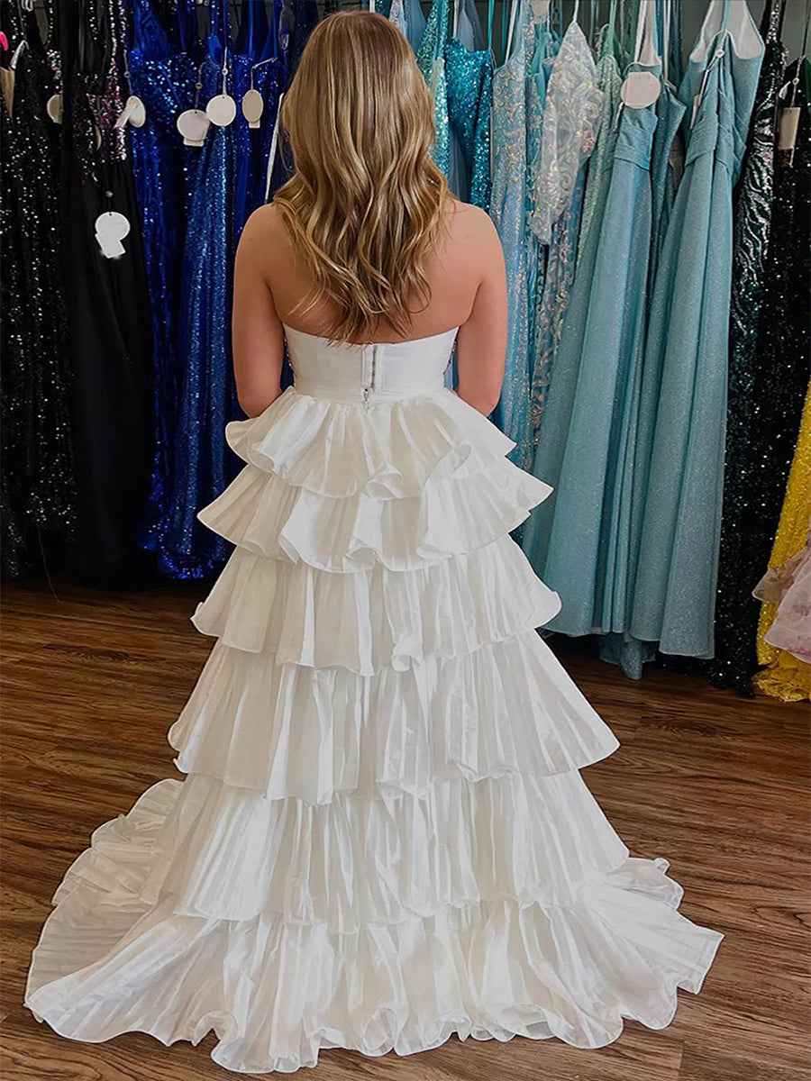 White Two Piece Prom Dress With Tiered Ruffles And Crystal Bodice