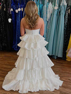 White Two Piece Prom Dress With Tiered Ruffles And Crystal Bodice