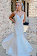 White V-Neck Beading Trumpet Long Wedding Dress Bridal Gown