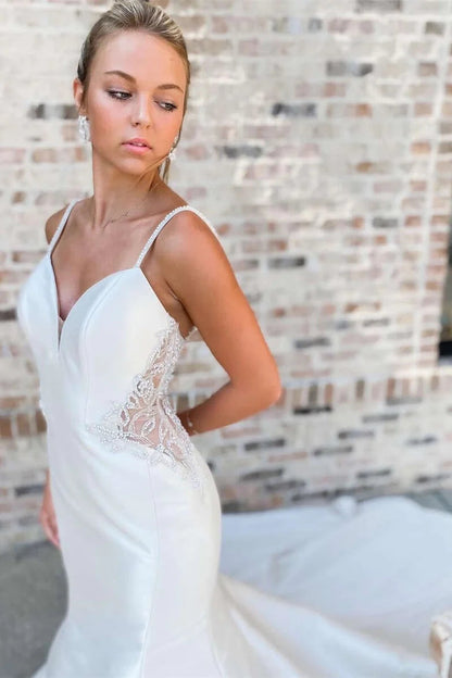 Vestido de noiva longo com decote em V e contas trompete branco WD661