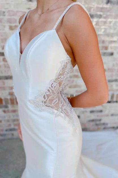 Vestido de noiva longo com decote em V e contas trompete branco WD661