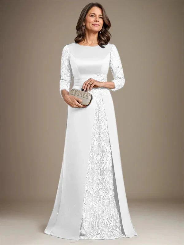 A-Line Scoop Floor-Length Lace Satin Mother Of the Bride Dress With Applique by Dreamylily