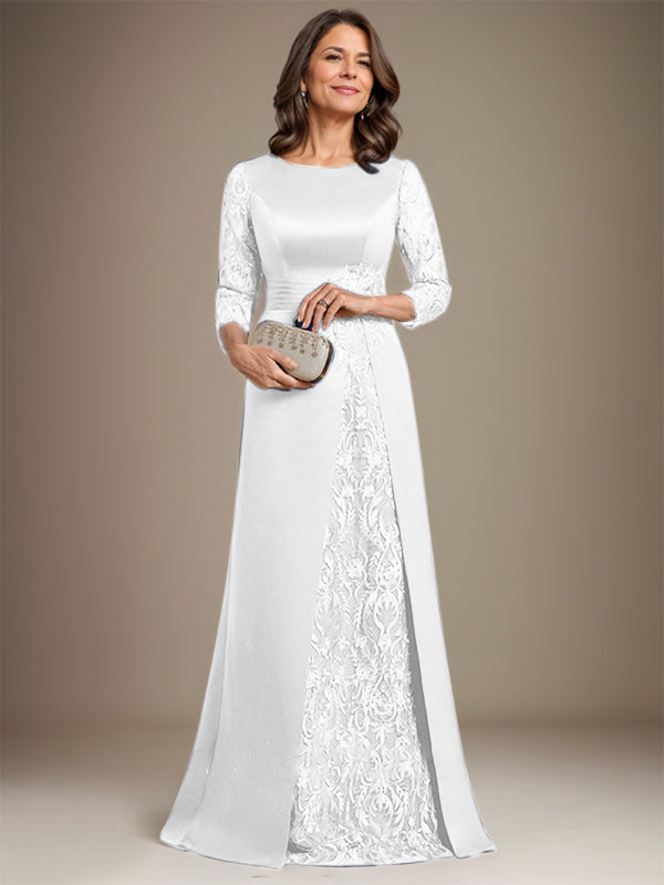 A-Line Scoop Floor-Length Lace Satin Mother Of the Bride Dress With Applique
