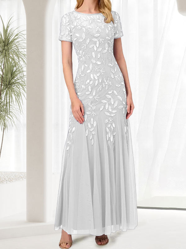 Vestido largo de sirena azul con cuello redondo para madre de la novia con cuentas