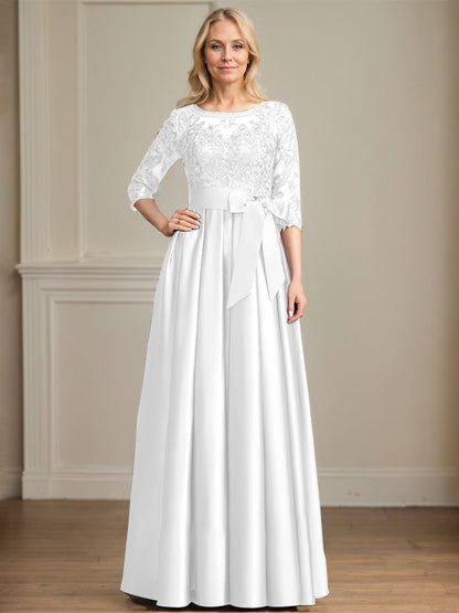 A-Linie, U-Ausschnitt, Illusion, bodenlanges Satin-Spitzenkleid für die Brautmutter mit Paillettenschleife 