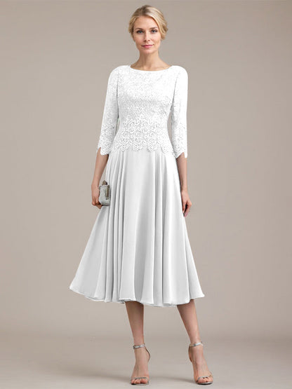 A-Linie U-Ausschnitt Wadenlang Chiffon-Kleid für die Brautmutter 