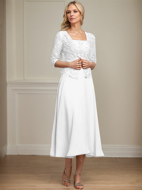 A-Linie Quadratisches Wadenlanges Chiffon-Spitzenkleid für die Brautmutter mit Pailletten und Perlen 