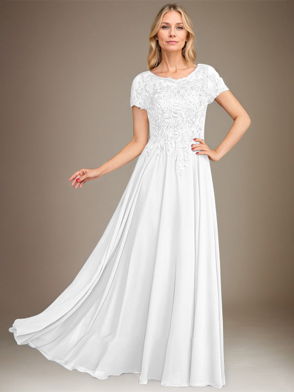 Robe de mère de la mariée en mousseline, longueur au sol, coupe en A, décolleté arrondi, ornée d'appliques et de paillettes