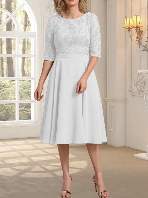 A-Linie U-Ausschnitt Knielang Chiffon Spitzenkleid für die Brautmutter