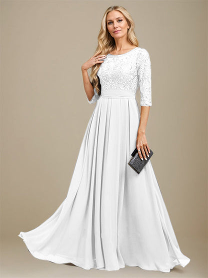 A-Linie U-Ausschnitt Bodenlang Spitzen-Chiffon-Kleid für die Brautmutter mit Paillettenapplikation 