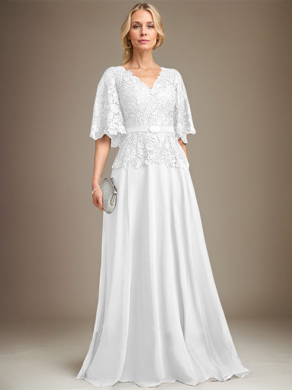 A-Linie V-Ausschnitt Bodenlang Chiffon Spitze Mutter der Braut Kleid Mit Kristall Brosche Strass 