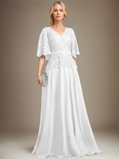 A-Linie V-Ausschnitt Bodenlang Chiffon Spitze Mutter der Braut Kleid Mit Kristall Brosche Strass 