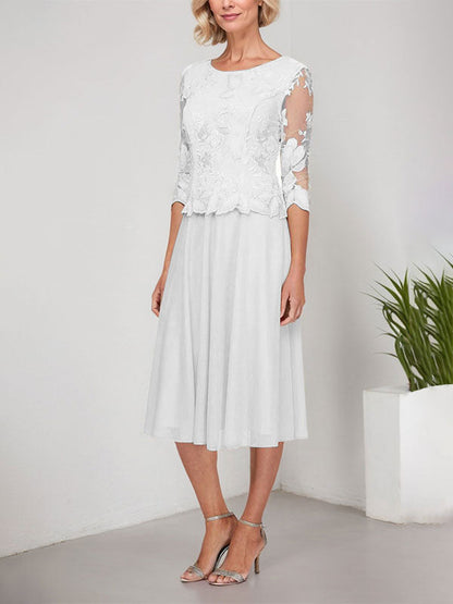 A-Linie U-Ausschnitt Wadenlang Spitzen Chiffon Mutter der Braut Kleid mit Stickerei 