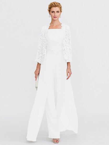 3 Piece Chiffon Square Neck Mother of the Bride Pantsuits with Jacket