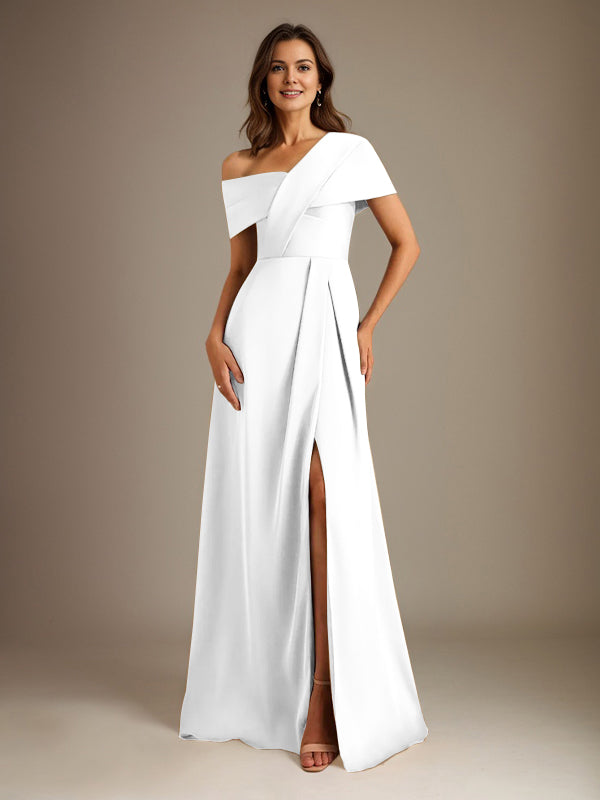 Robe de mère de la mariée en satin, longueur au sol, encolure asymétrique en ligne A avec plis
