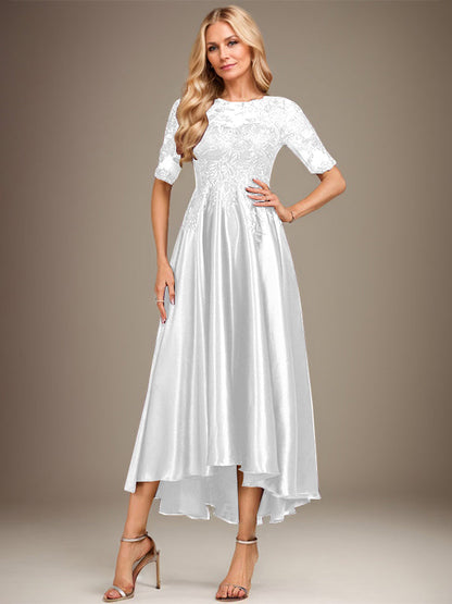 A-Linie, U-Ausschnitt, Illusion, asymmetrisch, Stretch-Satin, Spitze, Kleid für die Brautmutter mit Pailletten 