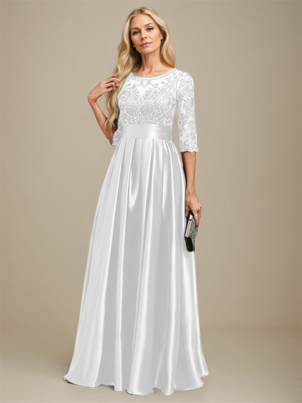 A-line Scoop Illusion Floor-Length Stretch Satin Lace Mother of the Bride Dress With Bow Sequins