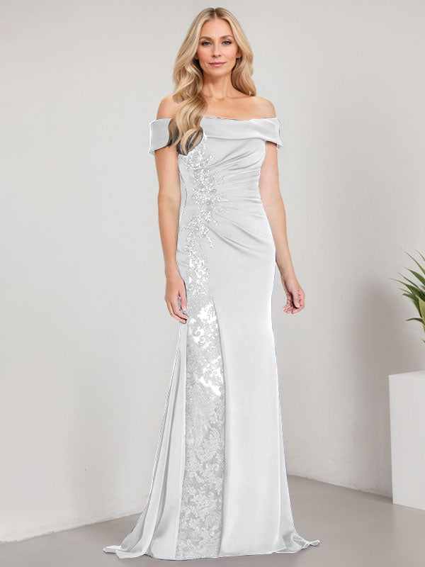 Robe de mère de la mariée longue jusqu'au sol, ligne A, épaules dénudées, appliques et perles, robe sirène avec fente haute
