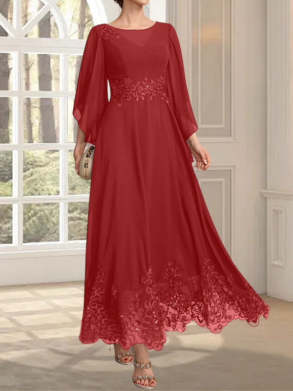 A-Linie, U-Ausschnitt, Illusion, knöchellang, Spitzen-Chiffon, Kleid für die Brautmutter mit Pailletten 