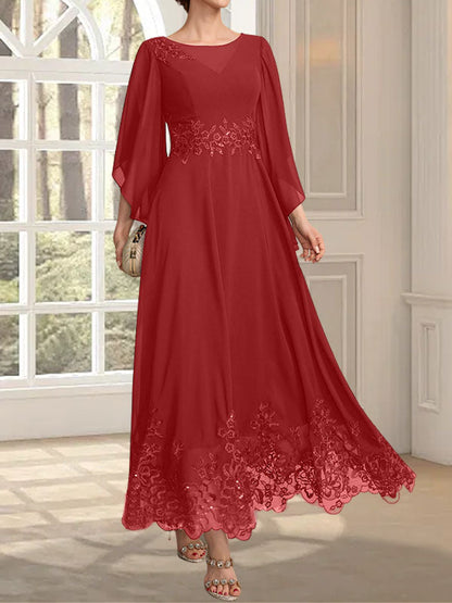A-Linie, U-Ausschnitt, Illusion, knöchellang, Spitzen-Chiffon, Kleid für die Brautmutter mit Pailletten 
