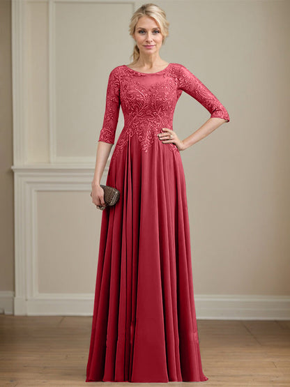 A-Linie, U-Ausschnitt, Illusion, bodenlanges Spitzen-Chiffon-Kleid für die Brautmutter mit Pailletten 