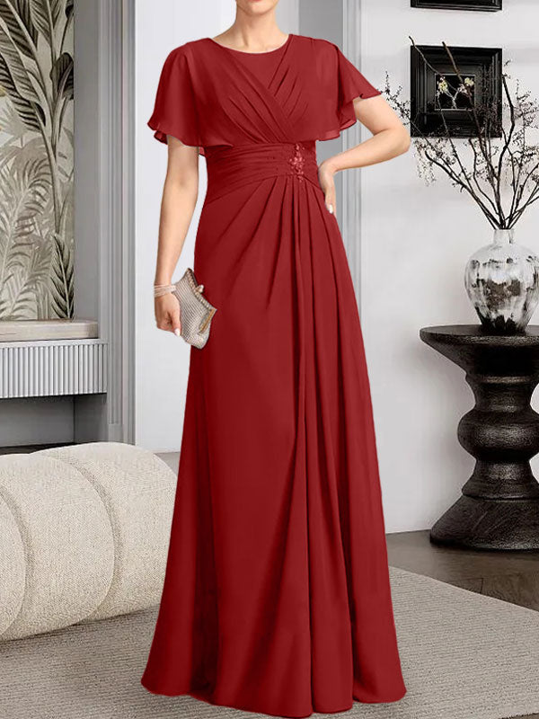 Robe de mère de la mariée en mousseline, longueur au sol, en ligne A, décolleté arrondi, ornée de perles plissées