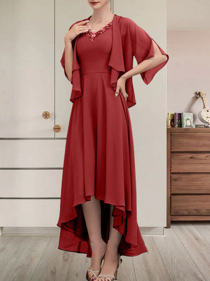 Vestido de gasa asimétrico para madre de la novia con escote en V, corte A y lentejuelas con abalorios
