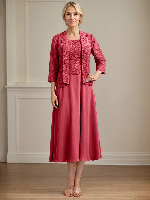 Robe de mère de la mariée en dentelle et mousseline, longueur thé, coupe en A avec encolure dégagée