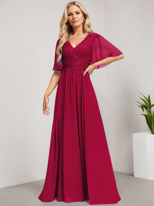 A-Linie V-Ausschnitt Bodenlanges Spitzen-Chiffon-Kleid für die Brautmutter mit Pailletten 