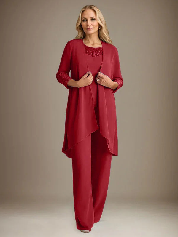 بدلة بنطلون الأم العروس بأكمام طويلة من الشيفون وياقة دائرية مع سترة