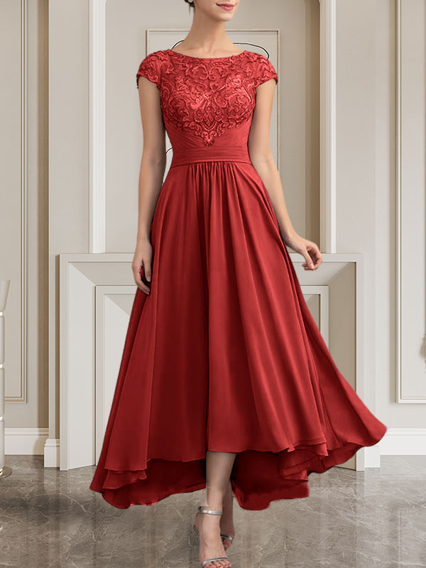 A-Linie U-Ausschnitt Bodenlang Spitzen-Chiffon-Kleid für die Brautmutter mit Pailletten