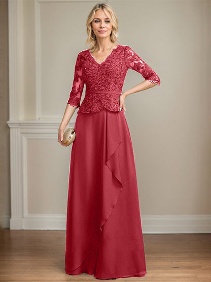 Vestido de madre de la novia de gasa con encaje, escote en V, largo hasta el suelo, con volantes en cascada y lentejuelas 