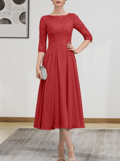 A-Linie, U-Ausschnitt, Illusion, knielang, Chiffon, Spitze, Kleid für die Brautmutter mit Perlen und Pailletten