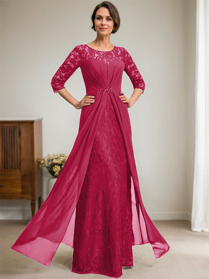 A-Linie U-Ausschnitt Illusion Bodenlang Spitzen Chiffon Mutter der Braut Kleid mit Perlenbesatz Rüschen 