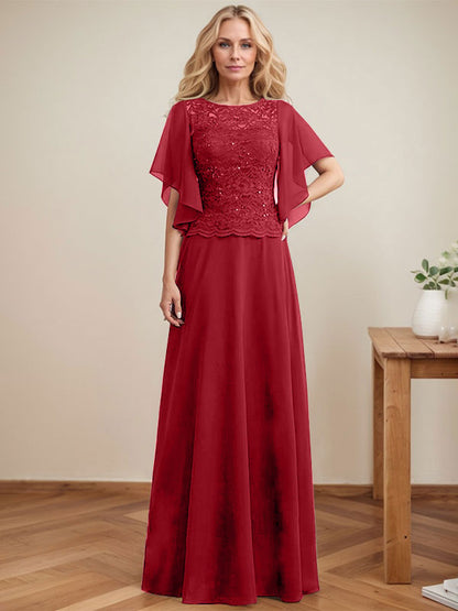 A-Linie, U-Ausschnitt, Illusion, bodenlanges Spitzen-Chiffon-Kleid für die Brautmutter mit Pailletten 