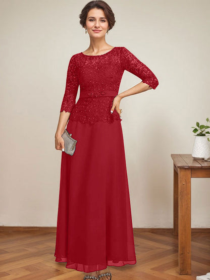 A-Linie, U-Ausschnitt, Illusion, knöchellang, Chiffon, Spitze, Kleid für die Brautmutter mit Strass-Perlen 