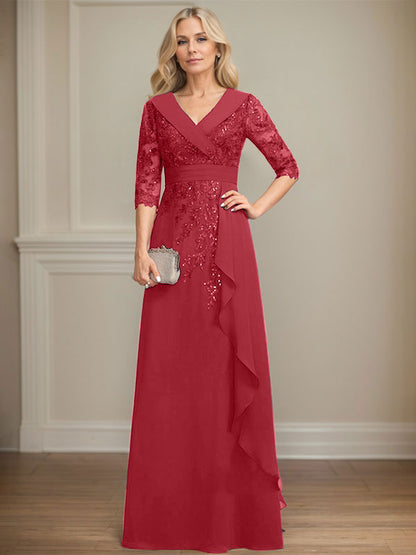Vestido de madre de la novia de gasa con encaje, escote en V, corte A y largo hasta el suelo, con lentejuelas y volantes en cascada 