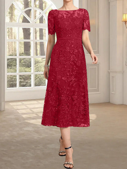 A-Linie, U-Ausschnitt, Illusion, knielang, Spitze, Kleid für die Brautmutter mit Pailletten