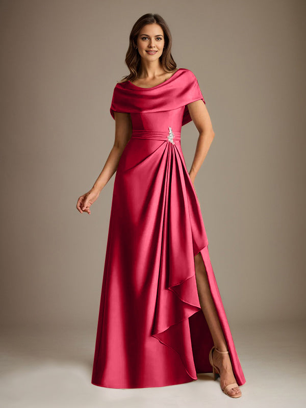 Robe de mère de la mariée en satin extensible, longueur au sol, coupe en A avec encolure dégagée et volants en cascade